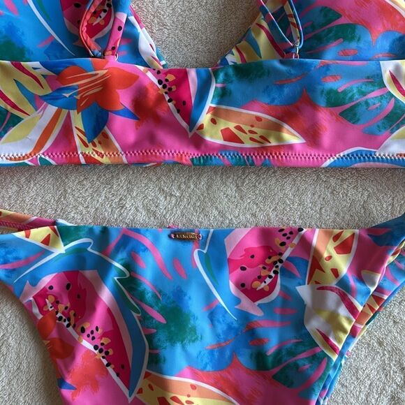 NWT Kamoni Pink Floral V Neck Tie‎ Front High Leg Cut Mid Cheeky Bikini Large - Picture 9 of 12